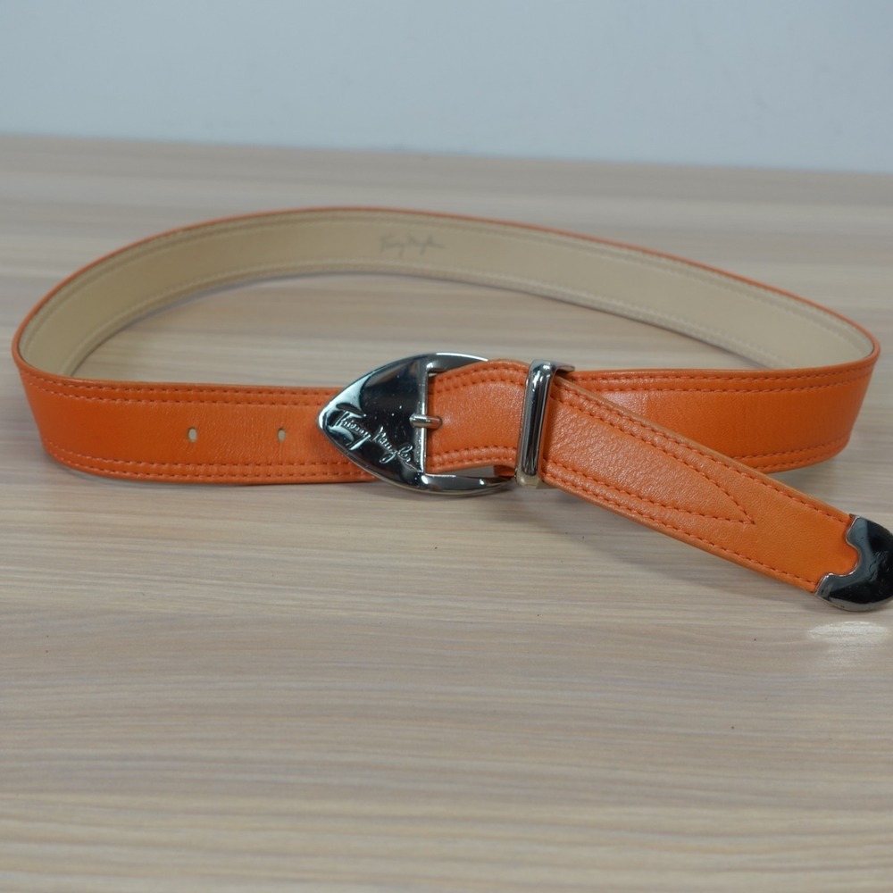 Thierry Mugler Belt Womens XS Orange Tan‎ Leather Silver Tone Logo Buckle Luxury
